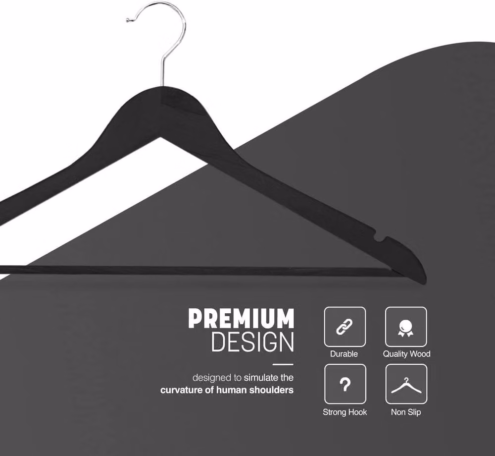 Dyzi 20 Pack Black Wooden Clothes Hangers with Non-Slip Bar, Notches and Swivel Hook – 3
