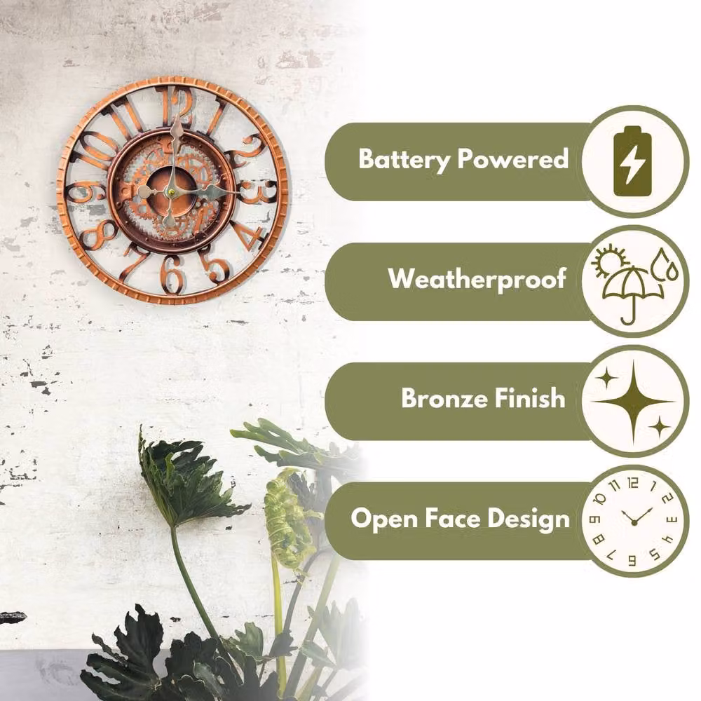Marco Paul Bronze Skeleton Mechanical Round Wall Clock for Indoor and Outdoor Use, Diameter: 30.5 cm – 3