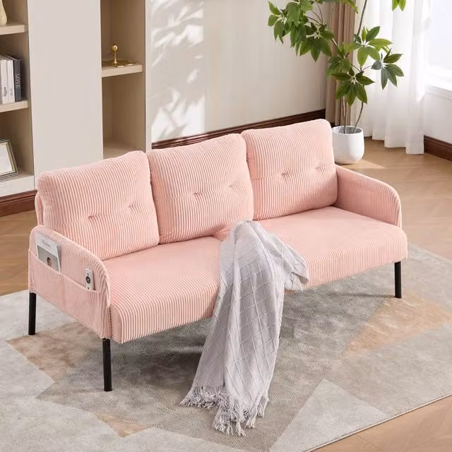 Direct Wicker Pink Corduroy Oversized Loveseat Double-Seater Couch with Side Pockets