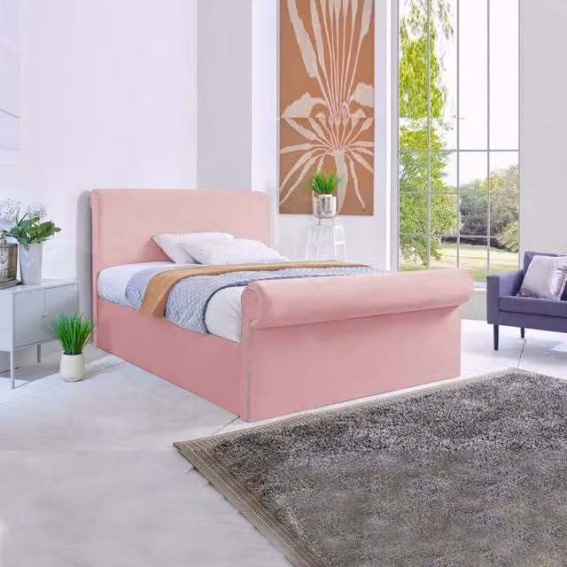 Desire Deco Super Sleigh Bed Frame in Pink Velvet, Small Double, 120 x 200 cm