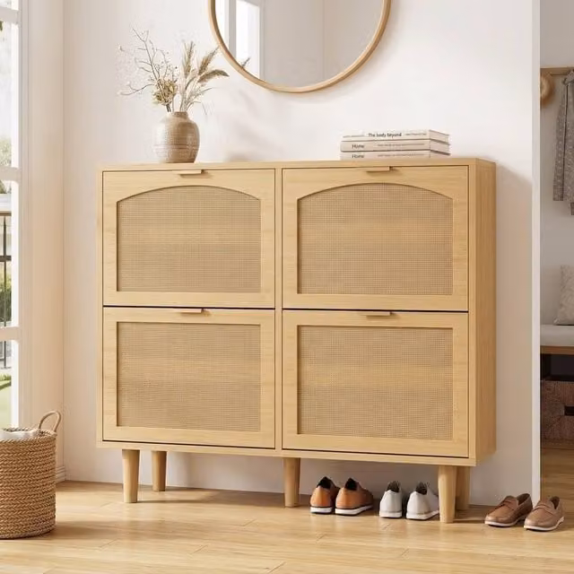 STILVORA Scandinavian Style Shoe Cabinet in Light Oak with Rattan Doors and Adjustable Shelves – 1