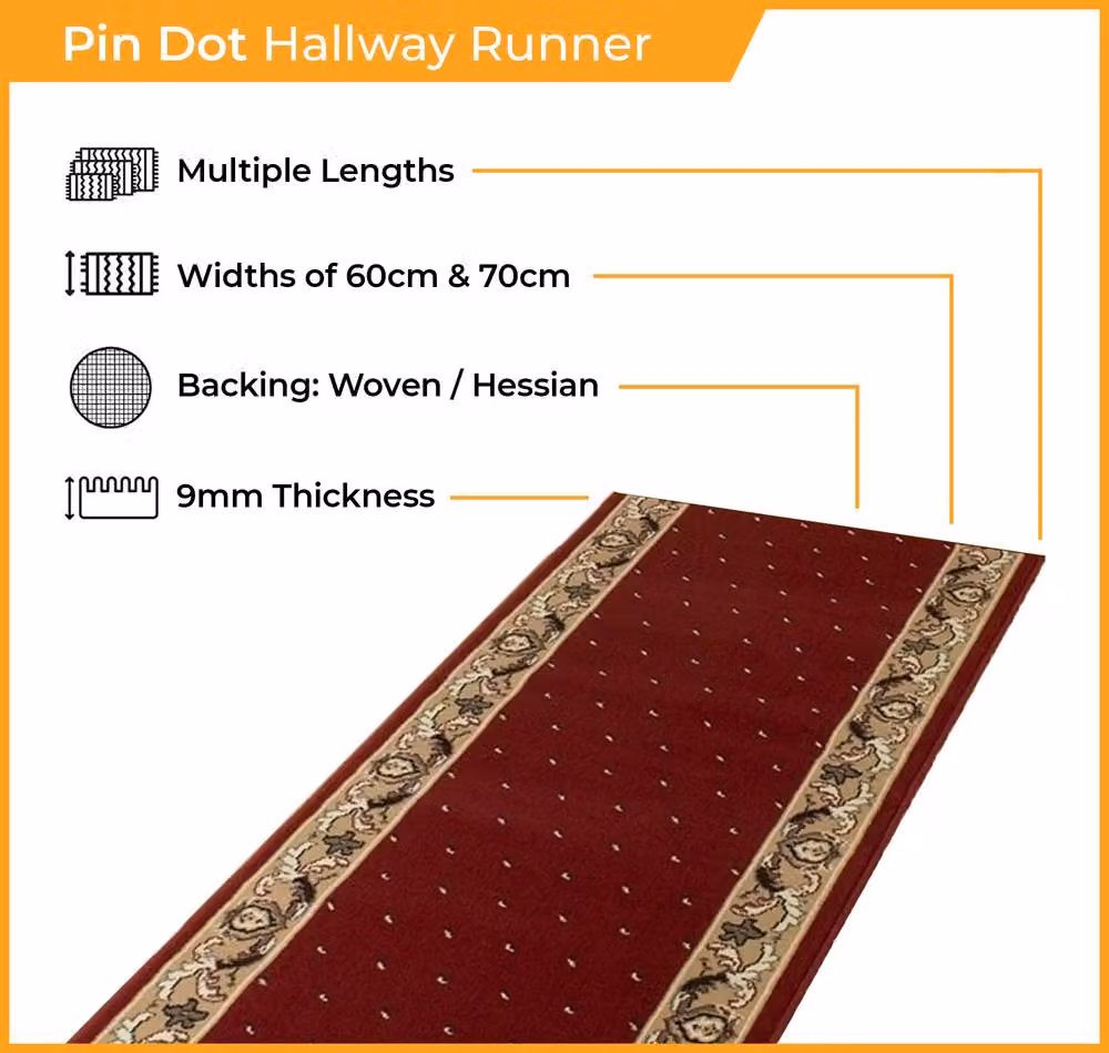 runrug Pin Dot Hallway Carpet Runner Rug in Red, W: 70 cm, L: 390 cm – 2