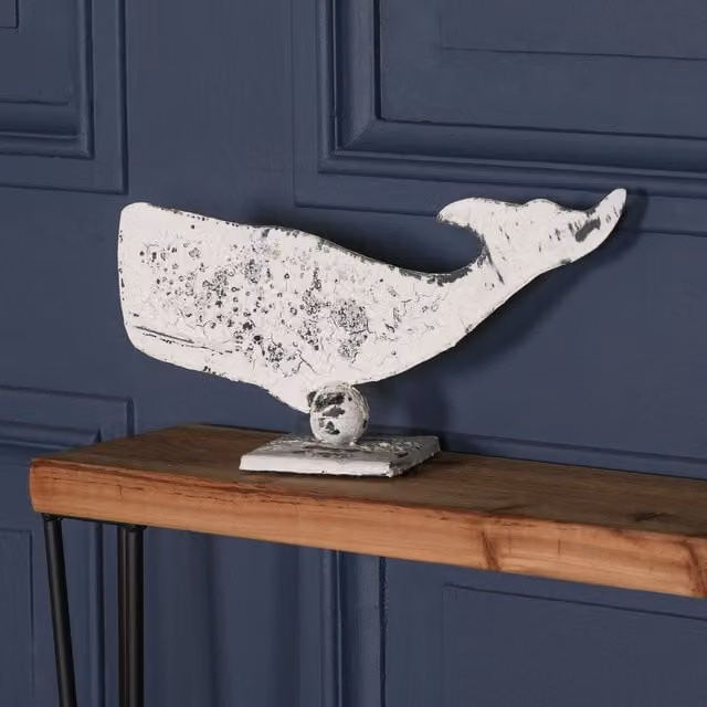Glasstone Rustic Painted Metal Whale on Stand in Silver and White, Height: 34 cm