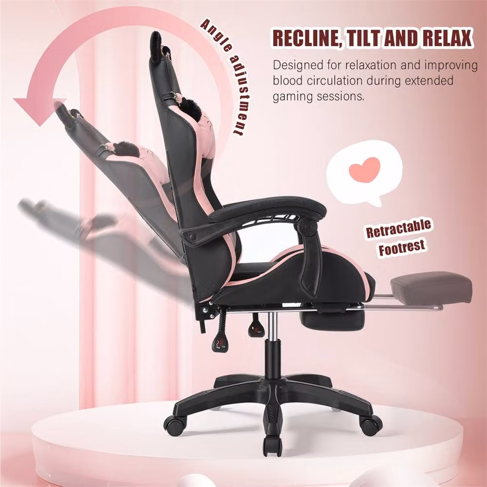 NESTLUNE Pink and Black Gaming Chair with Cat Ears and Headrest – 6