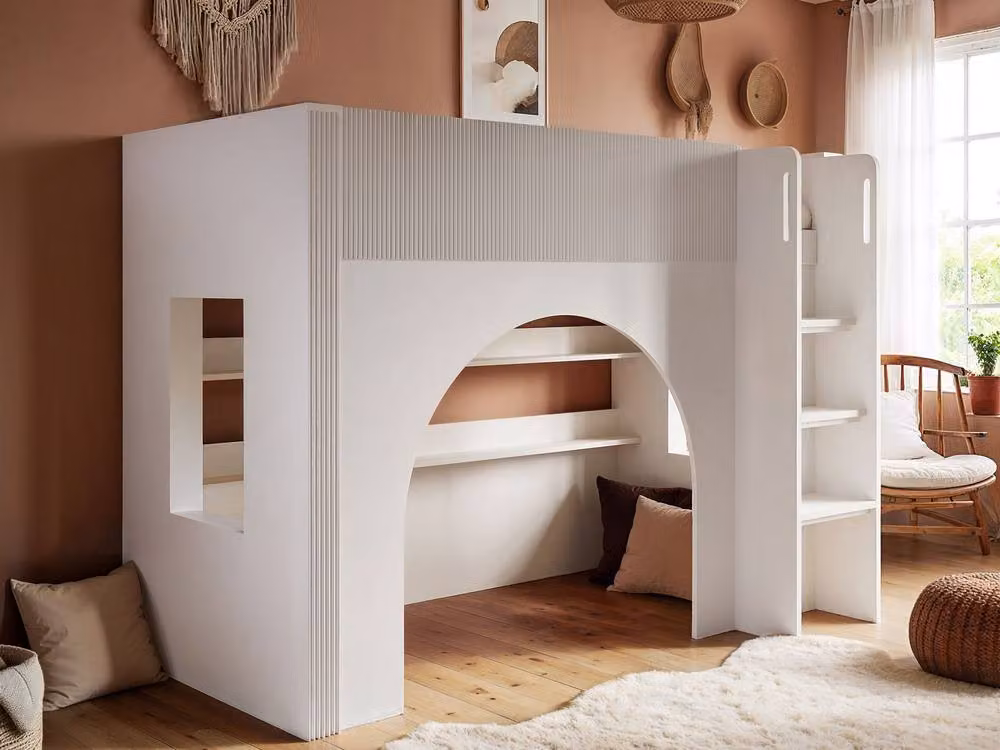 Flair Kaska Mid Sleeper Bed with Ribbed Panel and Stairs in White – 2