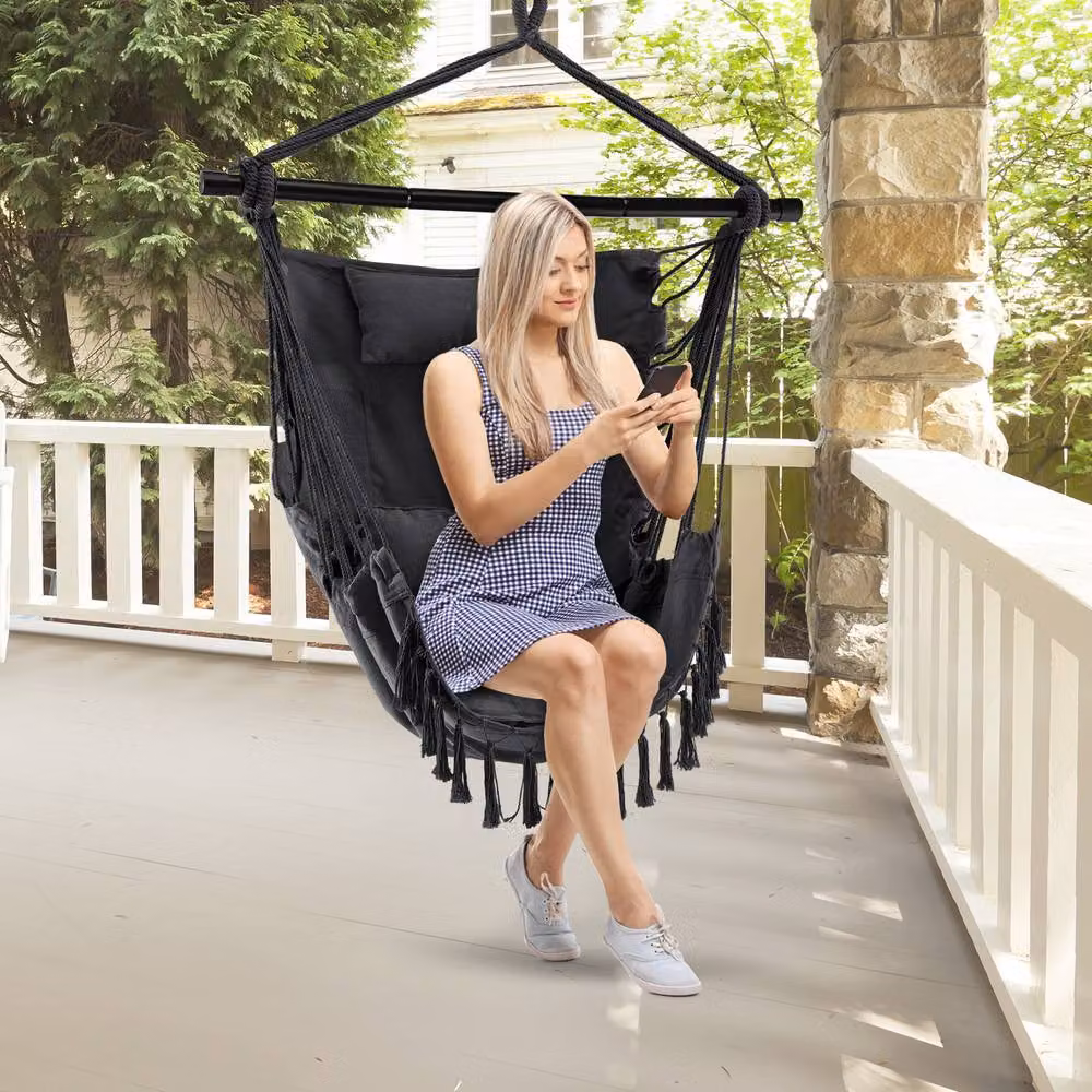 Gymax Egg Hammock Swing Chair with Metal Frame and Soft Cushions in Grey – 8