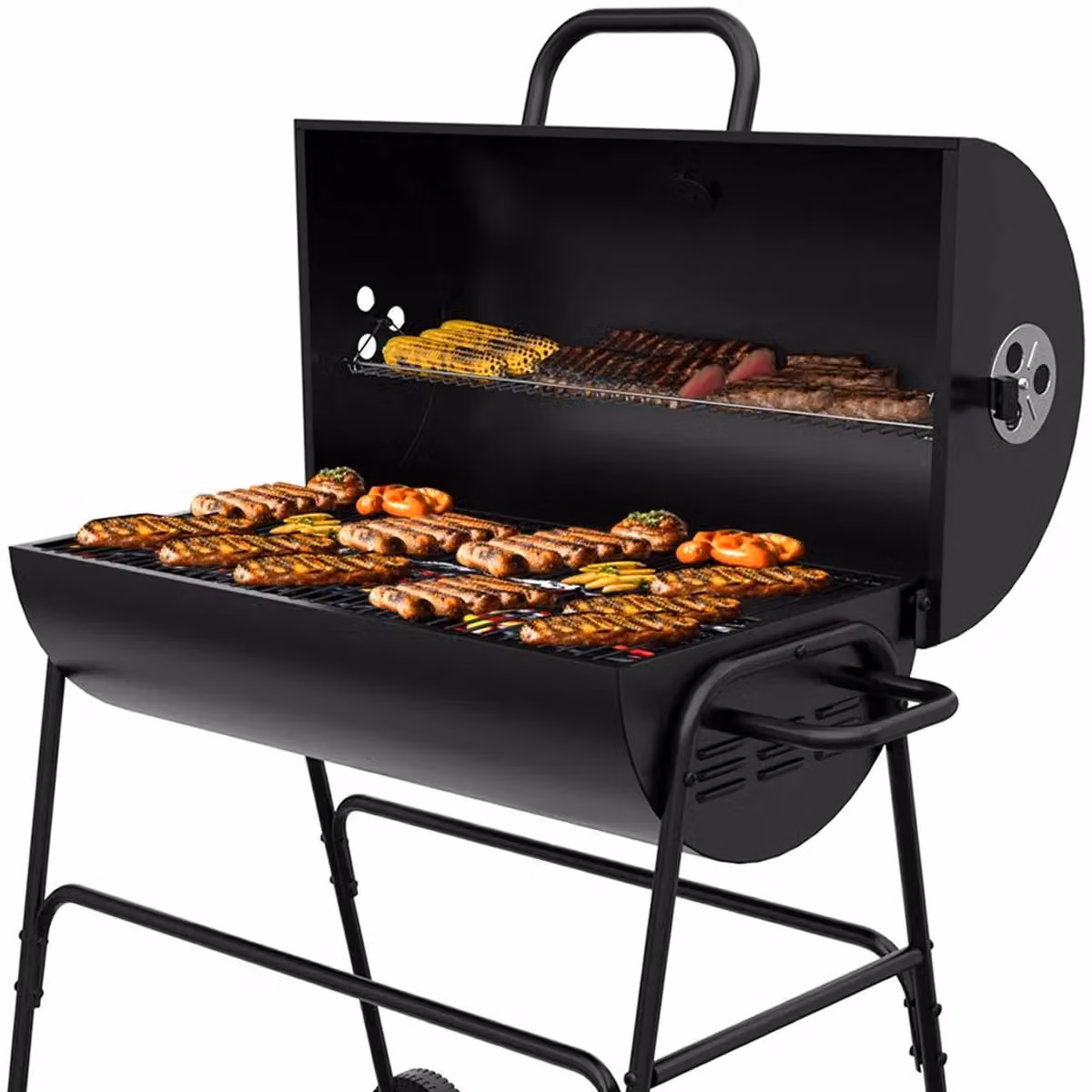 House of Home Black Enamelled Steel Barrel Charcoal BBQ Grill with Offset Smoker, Thermometer and Wheels, W/D/H: 102.5 x 70.5 x 65 cm – 5