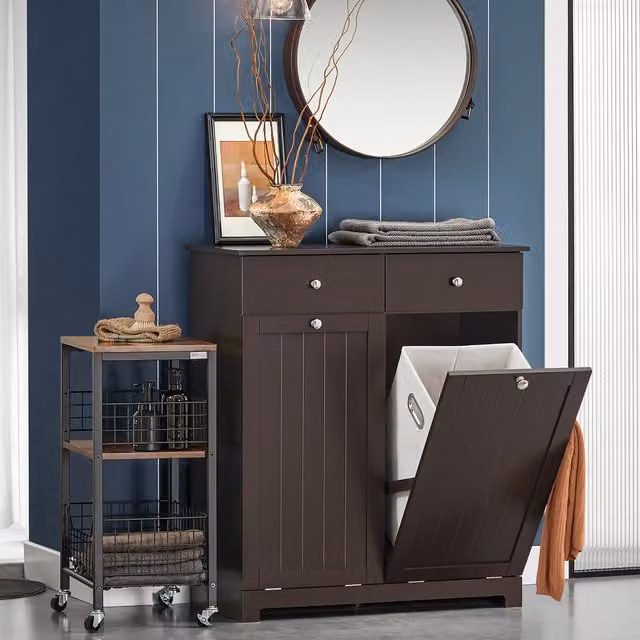 Sobuy Modern Brown Laundry Cabinet with 2 Removable Baskets and Hinged Doors