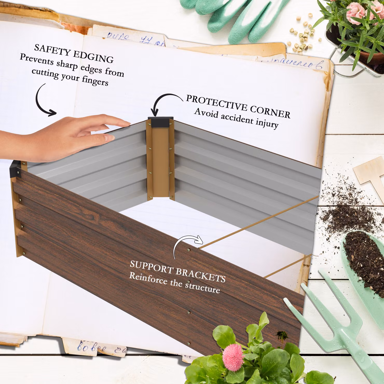 Outsunny Brown Galvanised Steel Raised Bed Planter with Open Bottom, W: 60 cm, D: 30 cm, L: 240 cm – 4