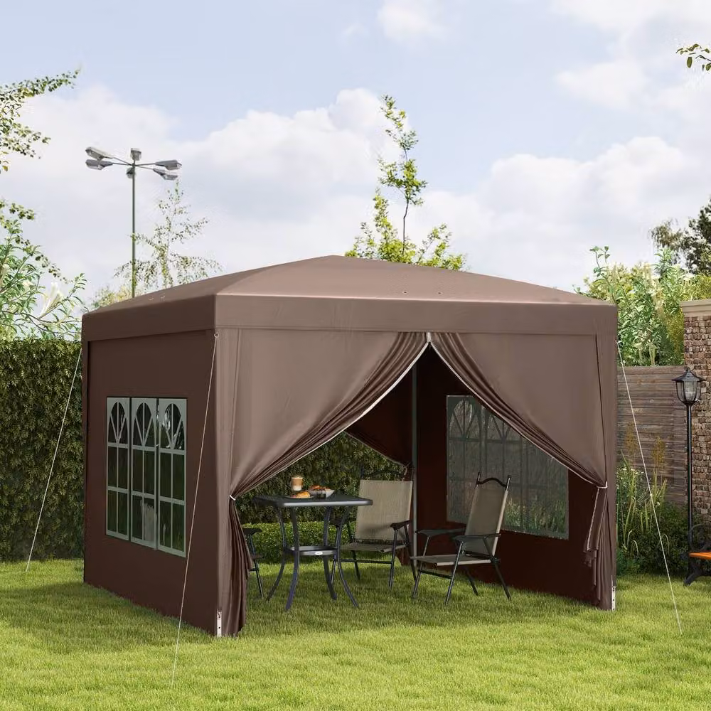 Rolipo Pop-Up Gazebo with Curtain Walls and Windows, Brown, W: 300 cm, D: 300 cm, H: 196 cm – 3