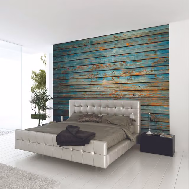 Origin Murals Rustic Wood Effect Wall Mural in Blue, Medium