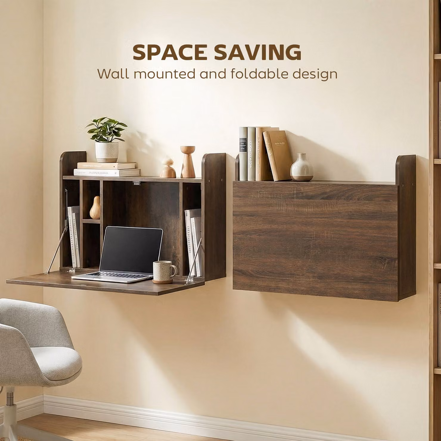 HOMCOM Dark Brown Wall Mounted Drop Leaf Writing Desk with Storage Compartments for Home Office – 3