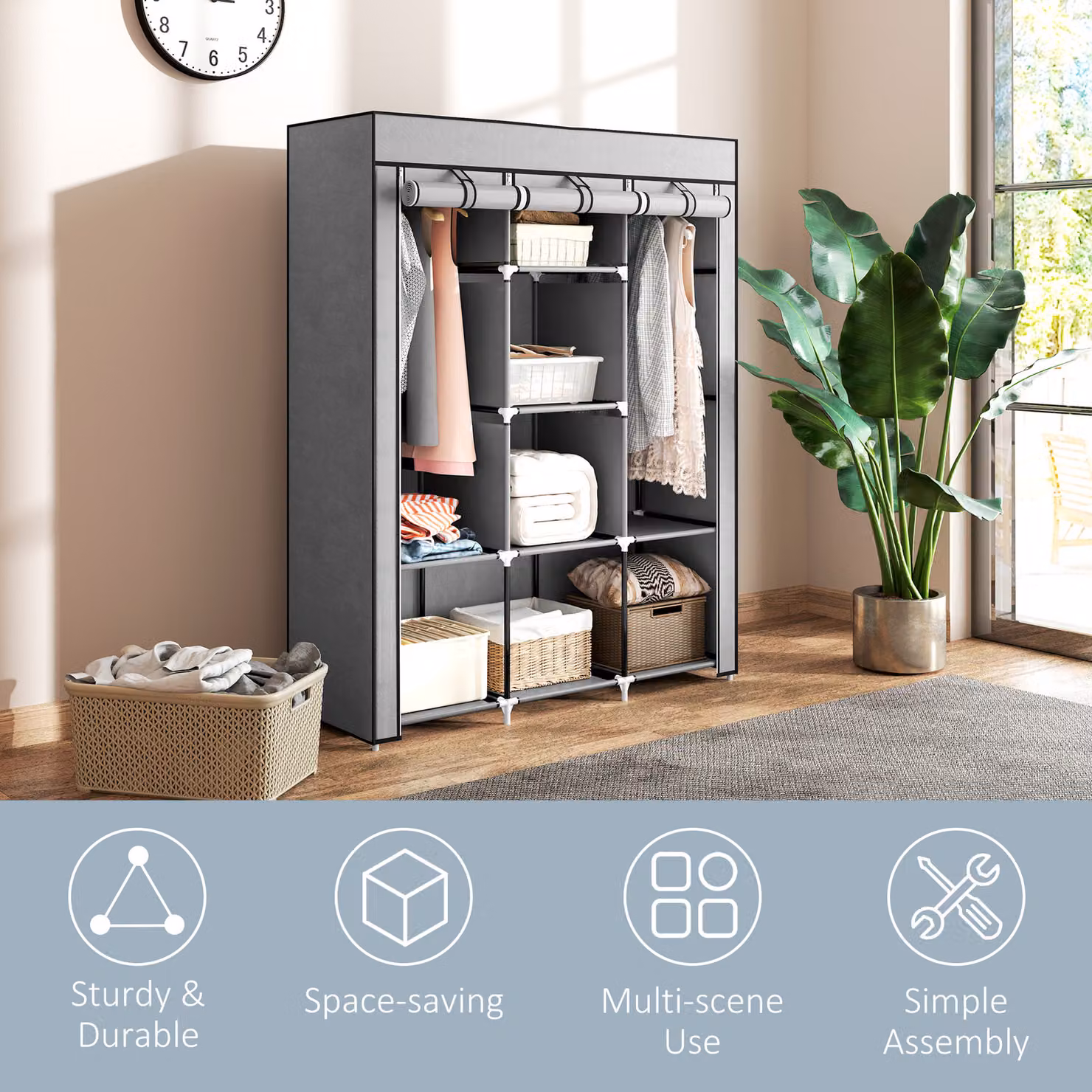 HOMCOM Portable Fabric Wardrobe with Hanging Rods and Shelves, Grey, W/D/H: 125 x 43 x 162.5 cm – 4