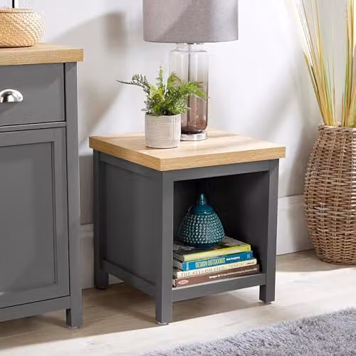 Home Source Occasional End Lamp Table with 1 Shelf, Oak Effect, Dark Grey, W/D/H: 45 x 45 x 50 cm