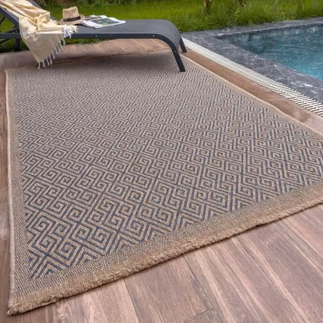 THE RUGS Blue Jute Looking Greek Key Design Outdoor Garden Patio Rug, W: 140 cm, D: 200 cm