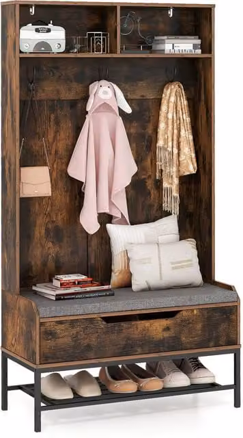 COSTWAY 4-in-1 Industrial Hall Tree with Bench, Shoe Rack and Coat Hooks in Brown
