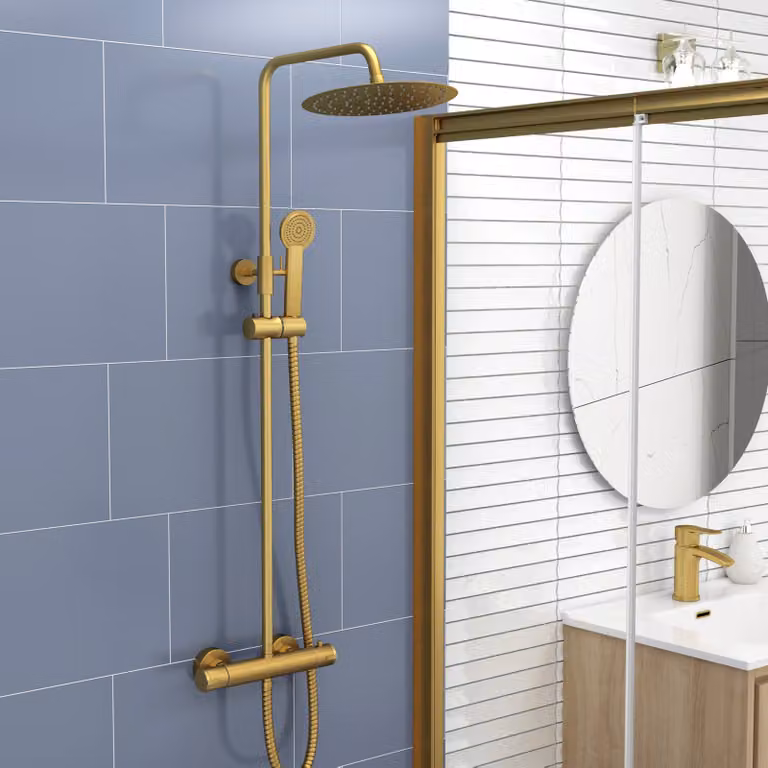 Royal Bathrooms Venice Brushed Brass Round Thermostatic Bar Shower Kit with Hand Shower and Overhead Shower