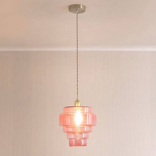 ValueLights Lane 5 Tier Layered Glass Ceiling Pendant Light in Pink and Brushed Chrome – 1