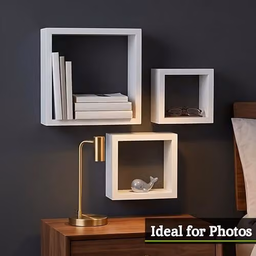 Orsina Set of 3 White MDF Wall Mounted Cubes with Back Panel, Modern Floating Storage Shelves for Living Room or Home Office – 4