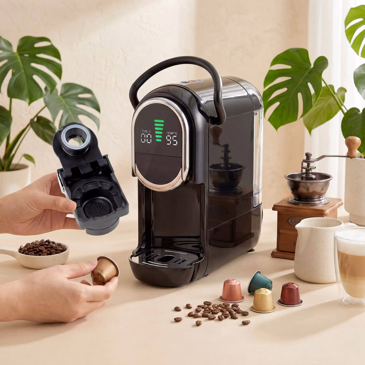 HOMCOM Black Semi Automatic Pod Coffee Machine for Nespresso, Dolce Gusto Capsules and Ground Coffee with 19 Bar Pressure and 0.6 l Removable Tank – 8
