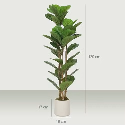 HOMCOM Set of 2 Artificial Fiddle Leaf Fig Trees, Green and White, Height: 120 cm – 5