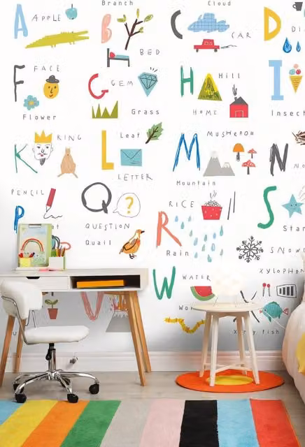 Origin Murals Childrens Alphabet Illustrations Scandinavian Wall Mural, Multicolour, W: 350 cm, H: 280 cm