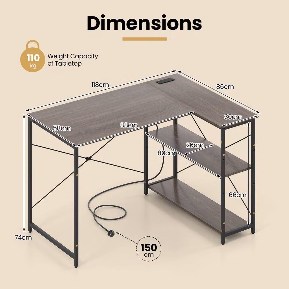 Costway L-shaped Corner Computer Desk with Power Outlet and Reversible Shelves in Grey – 4