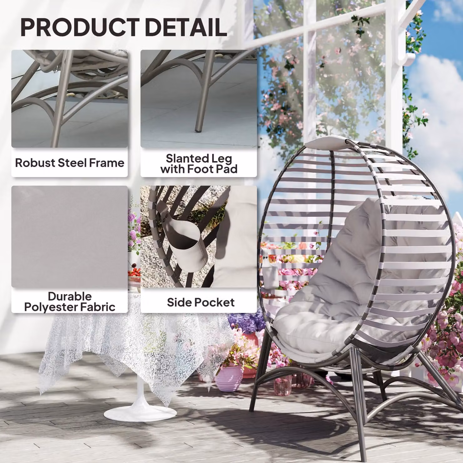 Outsunny Egg Lounge Chair with Upholstered Cushions and Powder Coated Steel Frame, Grey – 7