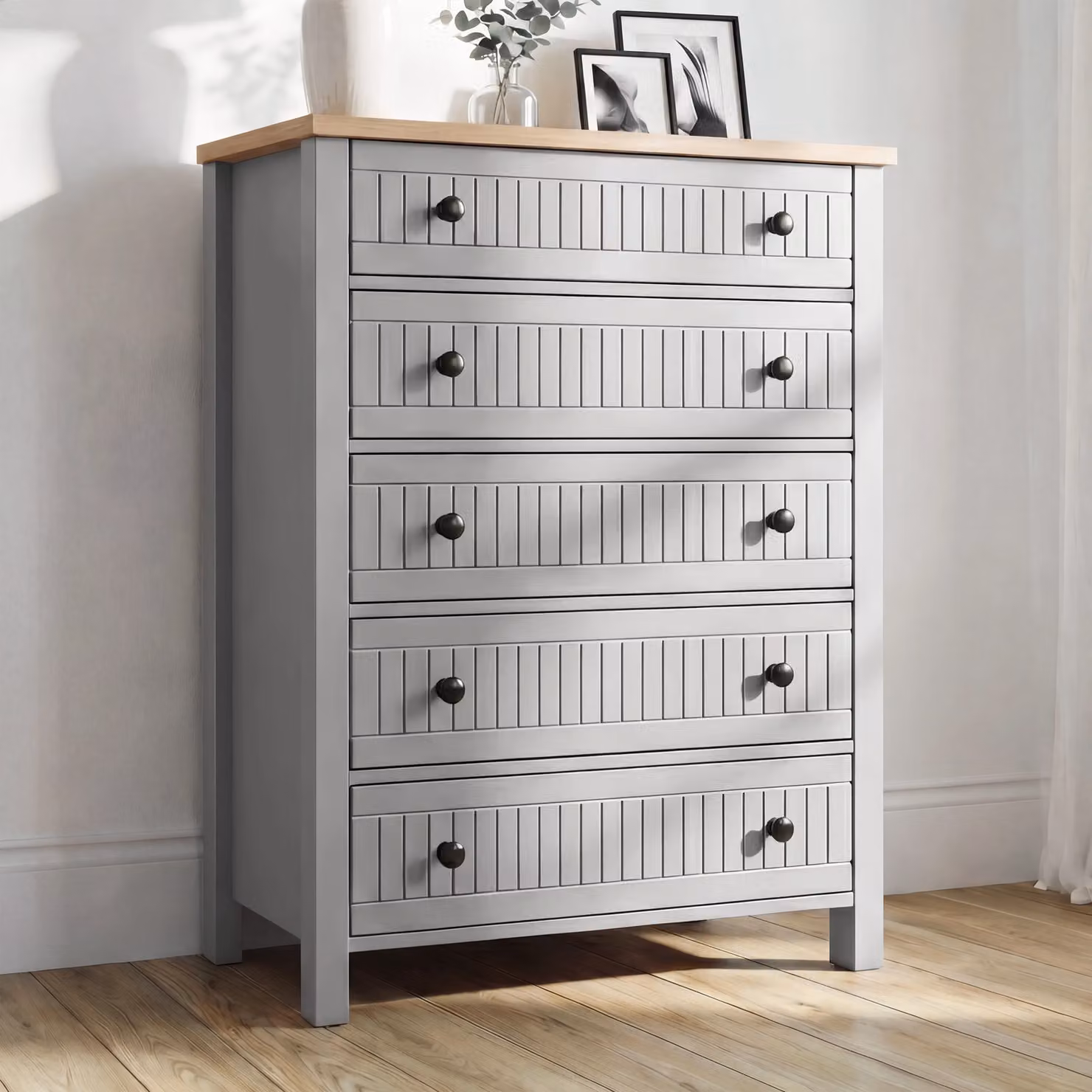 DHS Linra Painted Tall 5 Chest of Drawers in Grey Wood H 115 x W 93 x D 42 cm