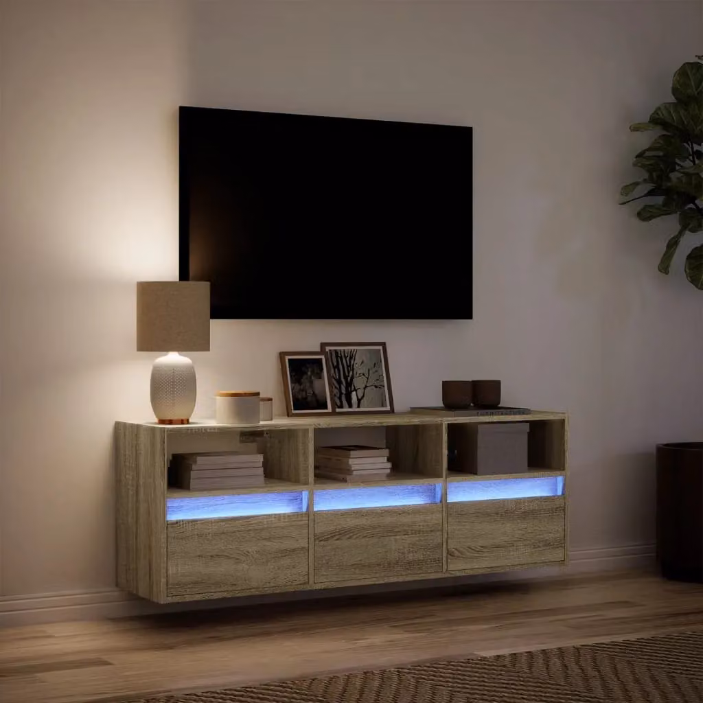 Berkfield Home Modern Wall Mounted TV Cabinet with Integrated LED Lights in Sonoma Oak Brown, W/D/H: 130 x 31 x 45 cm – 2