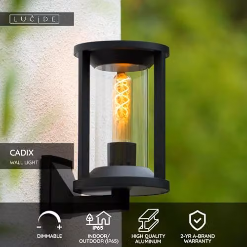 Lucide Cadix Dimmable Modern Outdoor Wall Light, Black, IP65, E27 – 2