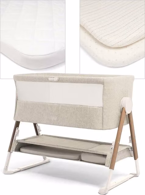 Mamas & Papas Lua Bedside Crib with Sheet and Mattress Protector Bundle in Beige