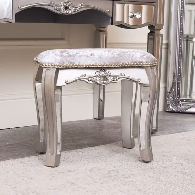 Melody Maison Tiffany Range Mirrored Dressing Table Stool in Silver and Grey with Velvet Seat – 1