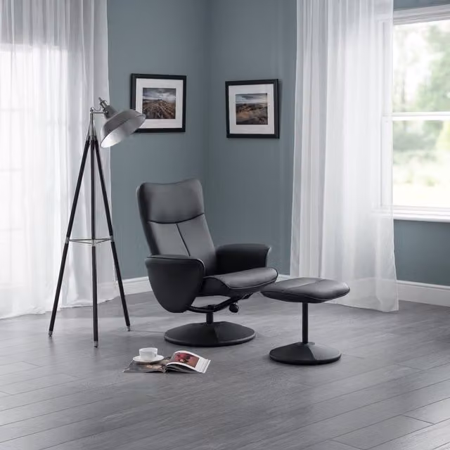 Julian Bowen Lugano Swivel Recliner Chair and Matching Footstool in Black Faux Leather