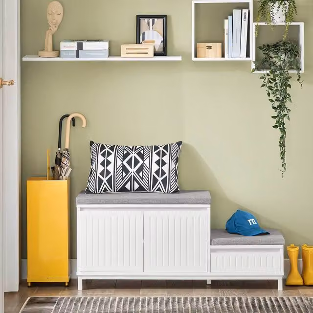 SoBuy L-Shaped Corner Entrance Bench with Shoe Rack and Fabric Padded Seat in White or Grey