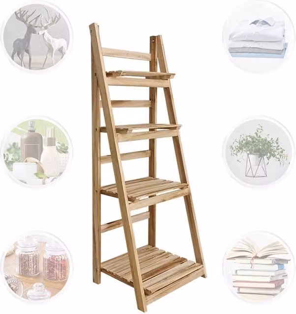 KORVIXA 4-Tier Wooden Ladder Shelf Display and Storage Stand in Natural Brown and Sand