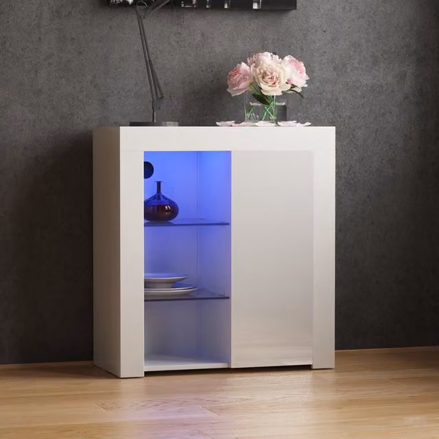Vida Designs Modern Glossy White 1 Door LED Sideboard with Glass Detail