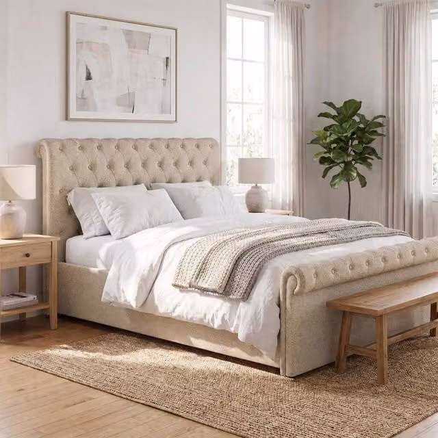 FWStyle Abbey Upholstered Ottoman Bed Frame in Beige, W/D/H: 140 x 200 x 154 cm