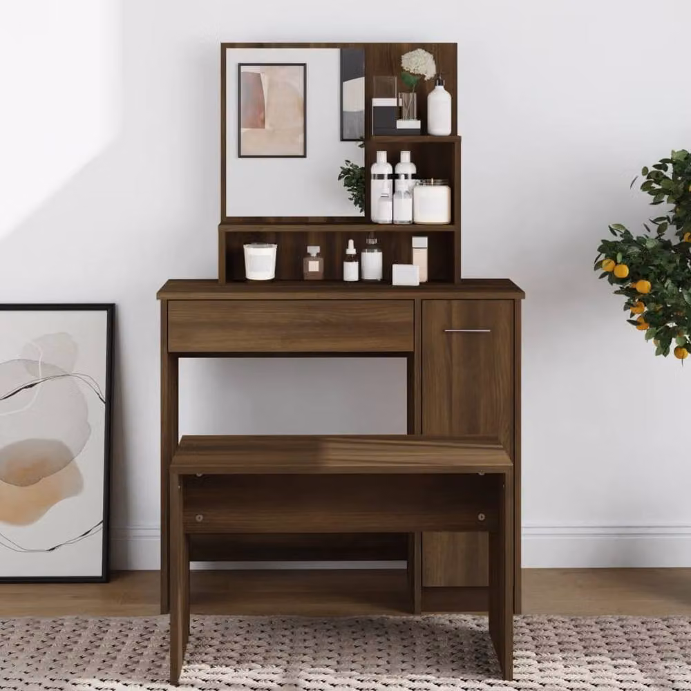 Berkfield Home Classic Dressing Table with Mirror in Brown Oak, W/D/H: 86.5 x 35 x 136 cm – 2
