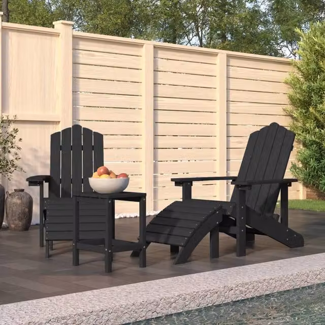 Berkfield Home Garden Adirondack Chairs with Footstool and Table in Anthracite Black HDPE