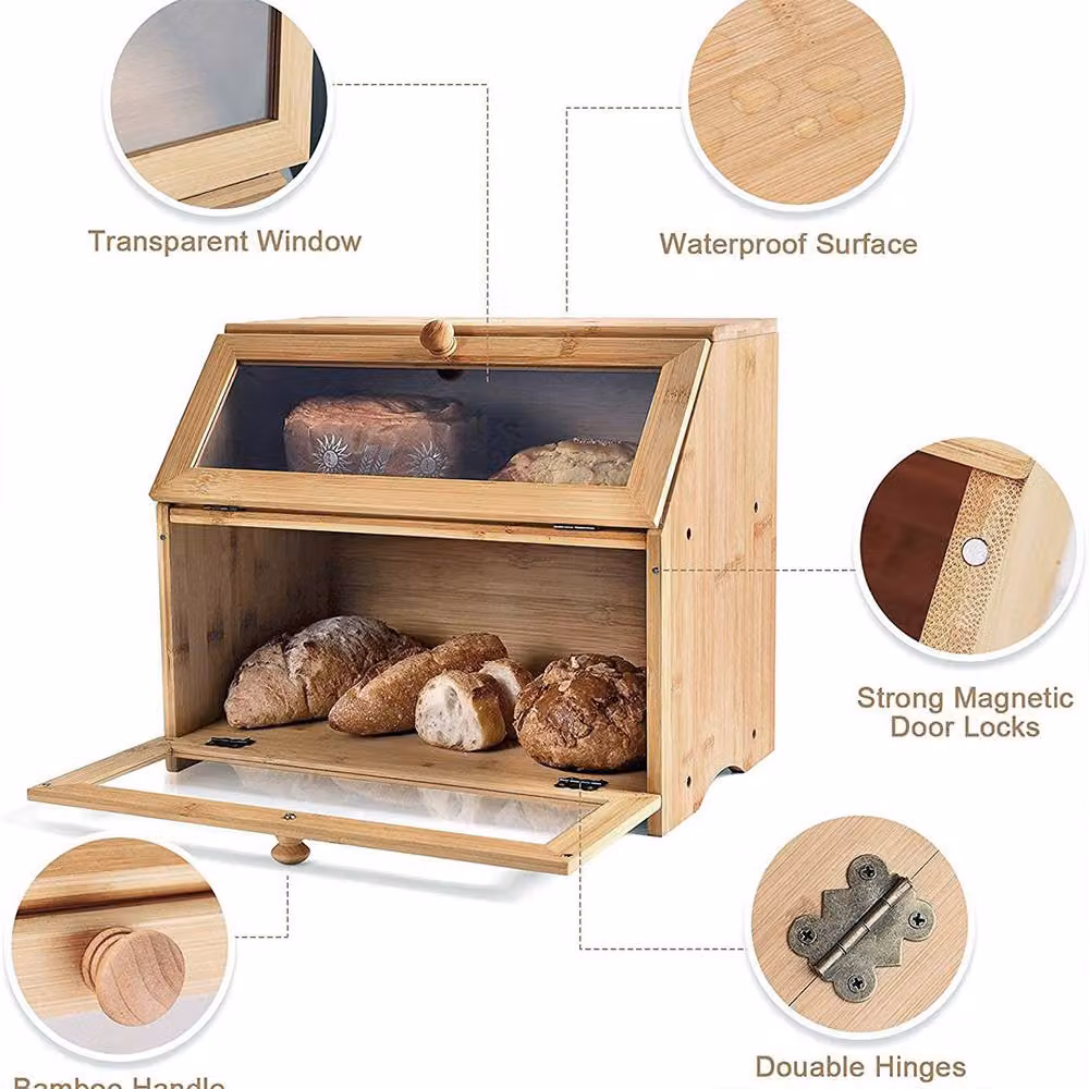 Hinsinc Double Layer Bamboo Wooden Bread Box Storage Container, Beige, W: 32.0 cm, D: 39.0 cm, H: 1.0 cm – 2