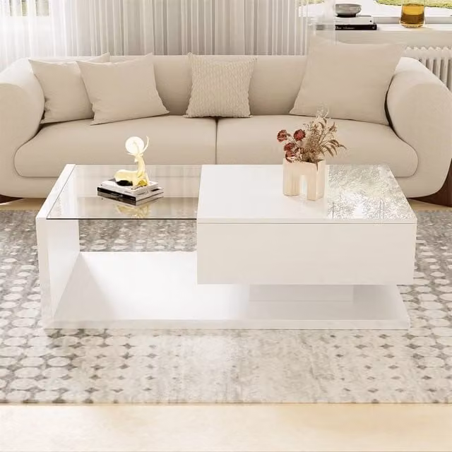 VOGREX Modern High Gloss White Wooden Coffee Table with Glass and Drawer Storage