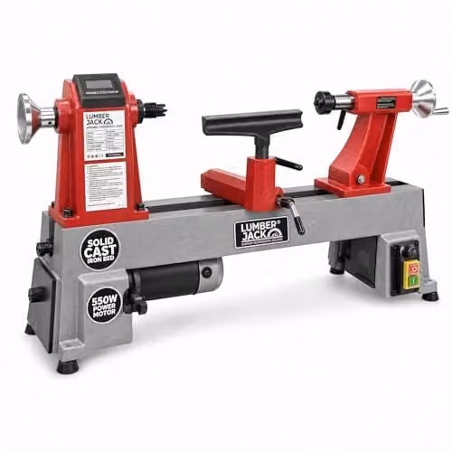 Lumberjack 550W Variable Speed Benchtop Mini Wood Lathe Machine in Red