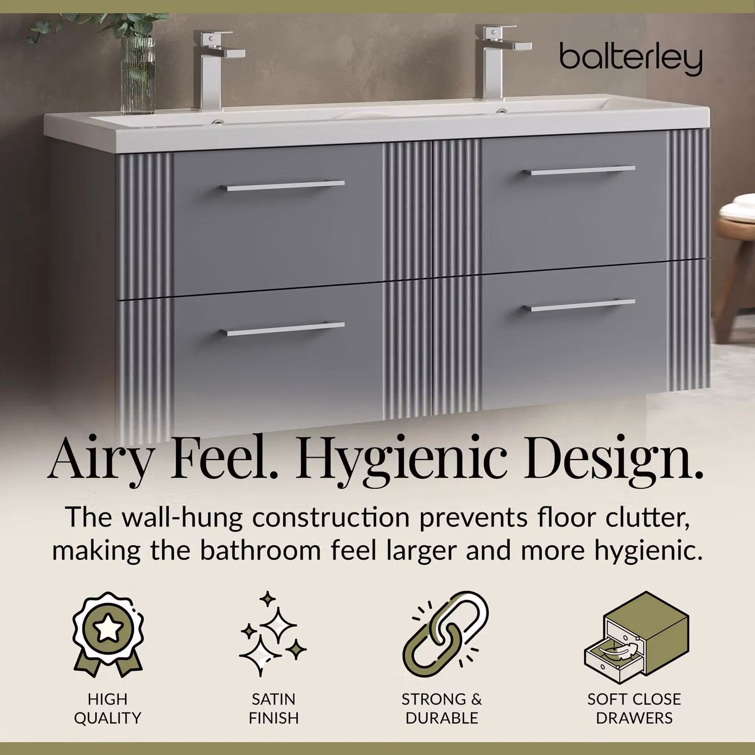 Balterley Wall Hung 4 Drawer Vanity Unit with 2 Ceramic Basins, Satin Grey, Width: 120 cm – 2