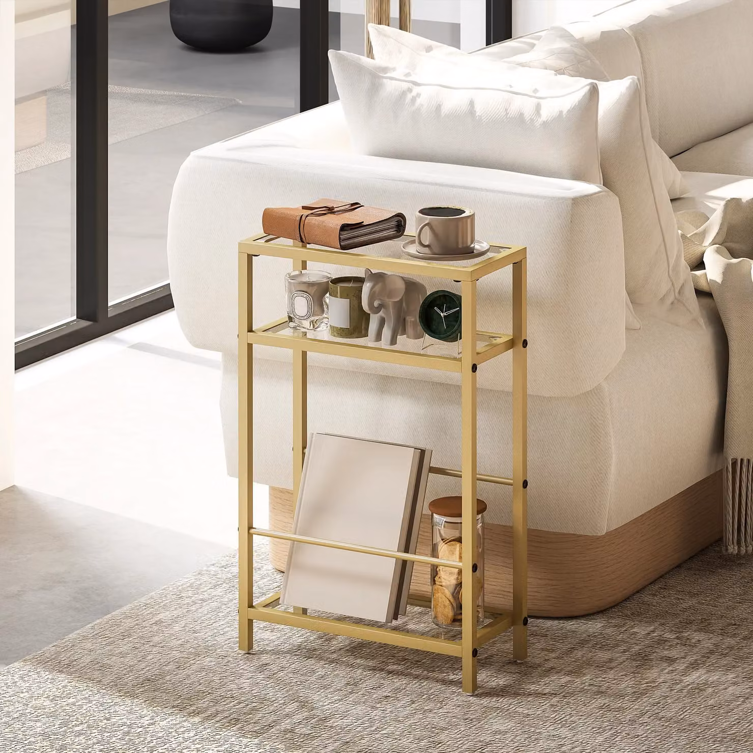 HOMCOM Modern Slim Side Table with Tempered Glass Tabletop in Gold – 2