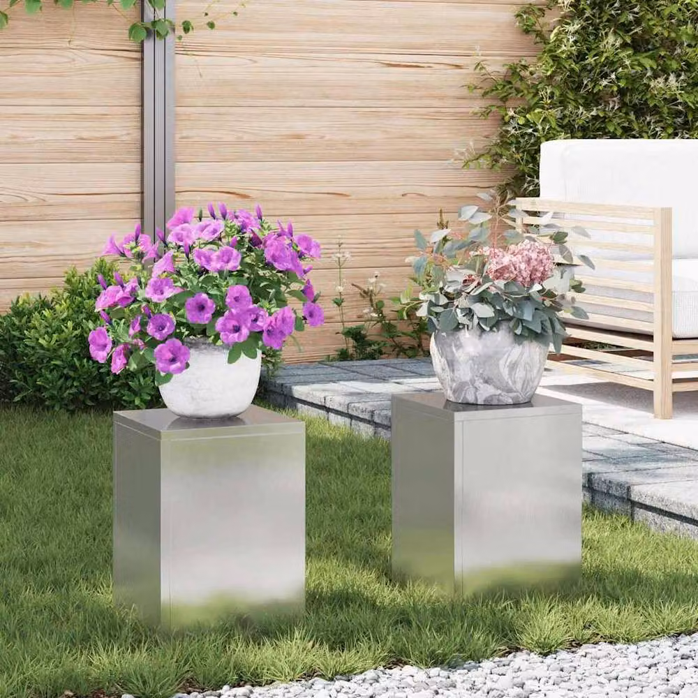 Berkfield Home Outdoor Stainless Steel Pillar Planter Tubs in Silver, 2 Pack, W/D/H: 24 x 24 x 35 cm – 2