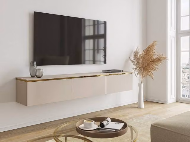 Vente-unique VUKIA Wall-Mounted Modern TV Unit with 3 Doors in Beige and Gold