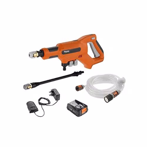 Flymo EasiClean Li Portable Pressure Cleaner in Orange and Grey, 18V Battery with Charger, 200l/h Flow Rate, 6m Hose Length and 3 Nozzle Attachments