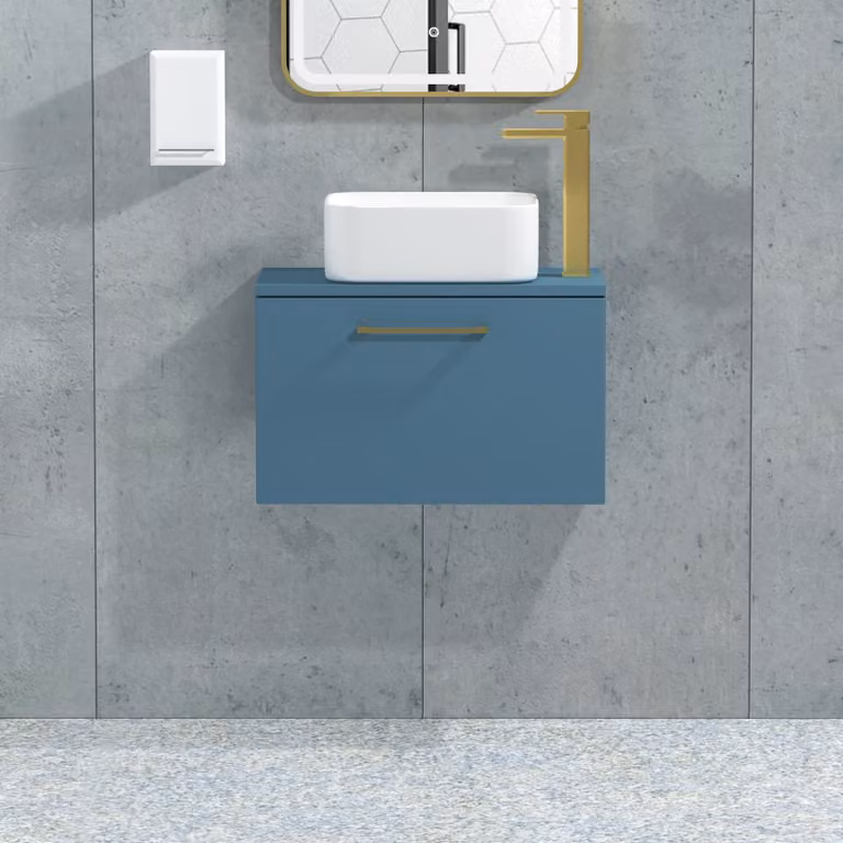 Royal Bathrooms Modena 800mm Wall Hung 1 Drawer Vanity Unit in Satin Blue with Brushed Brass Handle