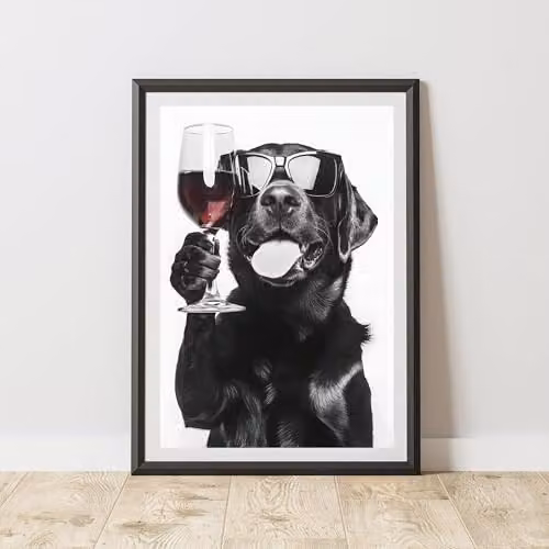 60 Second Makeover Funny Labrador Drinking Wine Paper Poster, Black and White, A3